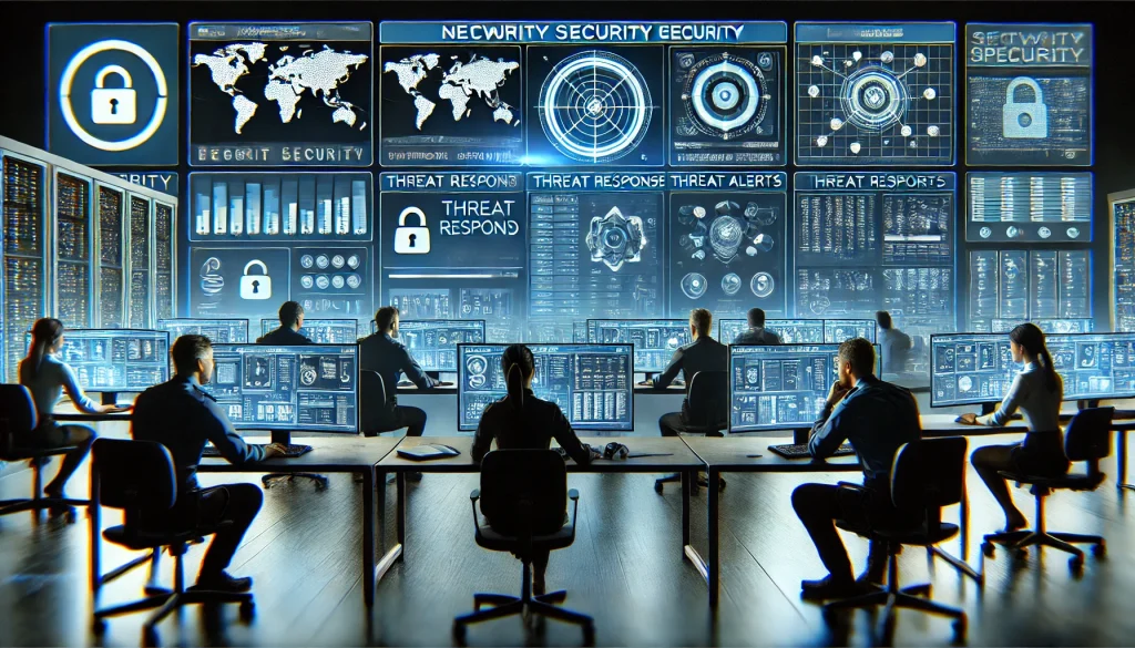  A team of cybersecurity professionals monitoring network security dashboards in a SOC, emphasizing collaboration and advanced threat response tools.