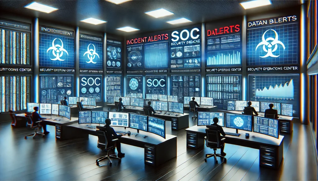 A SOC control room setup with screens showing incident alerts, data breaches, and real-time security threat monitoring, highlighting the importance of 24/7 protection.