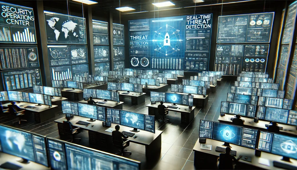 A high-tech Security Operations Center (SOC) with multiple monitors displaying real-time threat detection, cybersecurity analytics, and network defense activities.