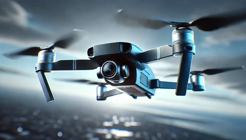 Close-up of the drone flying outdoors, showcasing its compact design and camera.