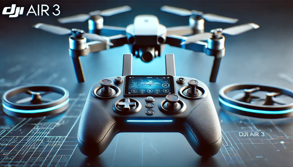 Detailed view of the DJI Air 3 controller with the drone in the background, highlighting its key features.