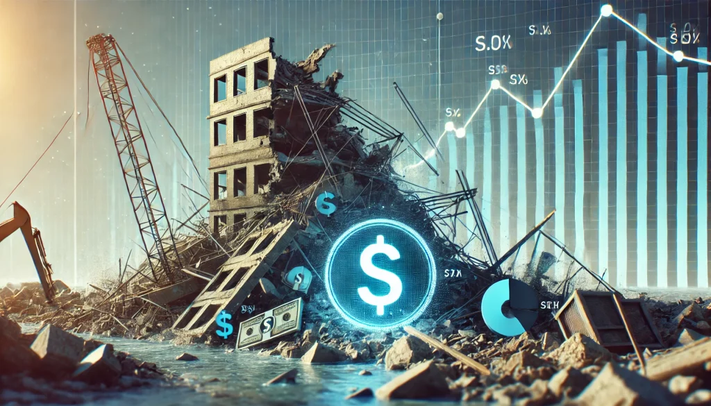 A collapsed building showing the infrastructure costs of climate change.