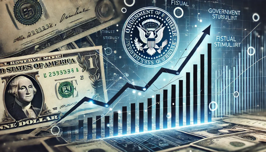 Upward stock market graph with government spending symbols, depicting fiscal stimulus boosting growth.