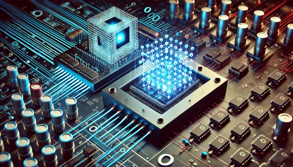 A comparison of a classical computer's binary circuit with a glowing quantum circuit using qubits, highlighting the key distinctions between the two computing models.