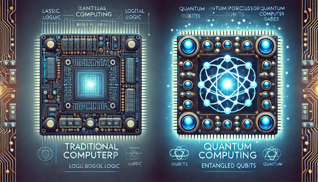  A side-by-side illustration of a traditional computer chip versus a quantum processor with entangled qubits, visualizing the core differences in computational approaches.