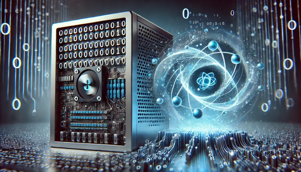 A classical computer using binary digits next to a quantum computer with floating qubits and particle-wave graphics, symbolizing the contrast between their technologies.