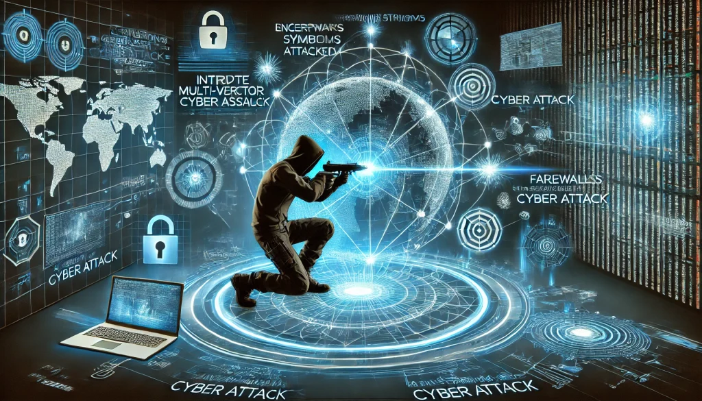 Hacker launching multi-vector cyber assault on encrypted network, symbolizing advanced Gen 4 cyber attack methods.