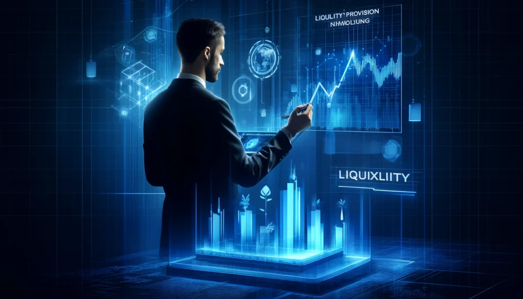 Financial trader on digital platform with rising liquidity graphs