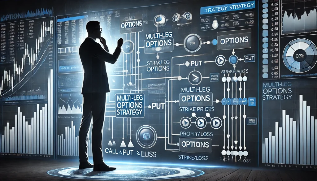 Trader reviews multi-leg options strategy diagram, showing steps for building complex positions.