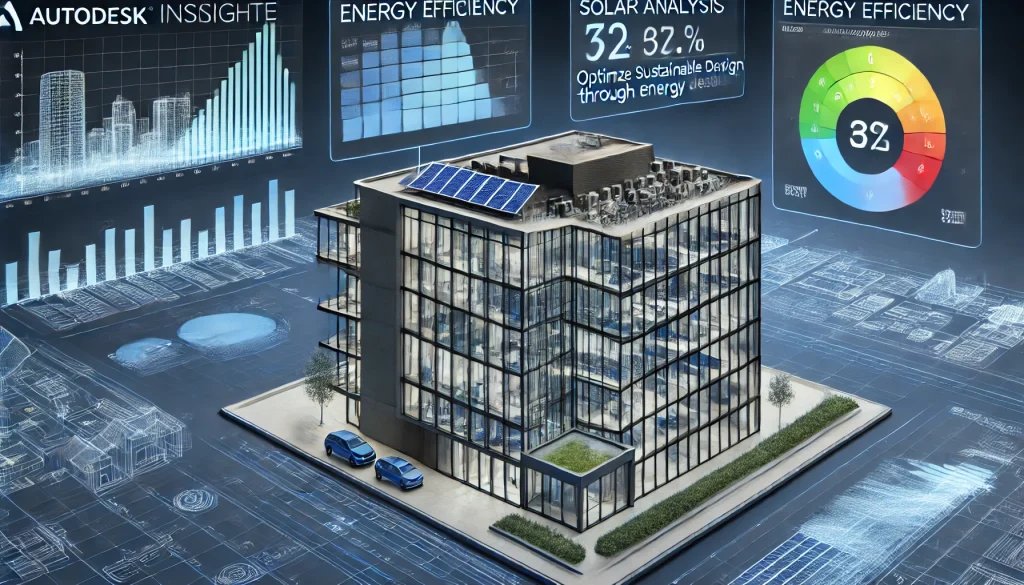 A 3D building model in Revit with energy efficiency metrics displayed, showcasing how Autodesk Insight helps optimize sustainable design through energy analysis.