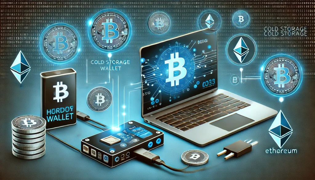 Hardware wallet connected to computer with crypto icons and encryption symbols, indicating a cold storage setup.