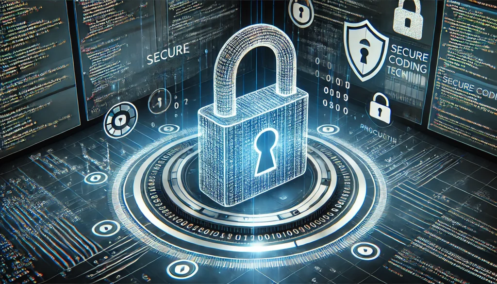 Digital padlock within coding interface; highlights secure coding techniques to protect applications from vulnerabilities and attacks.