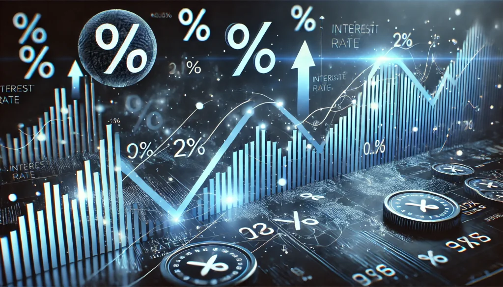 Stock market graph fluctuating with interest rate symbols, showing their direct relationship.