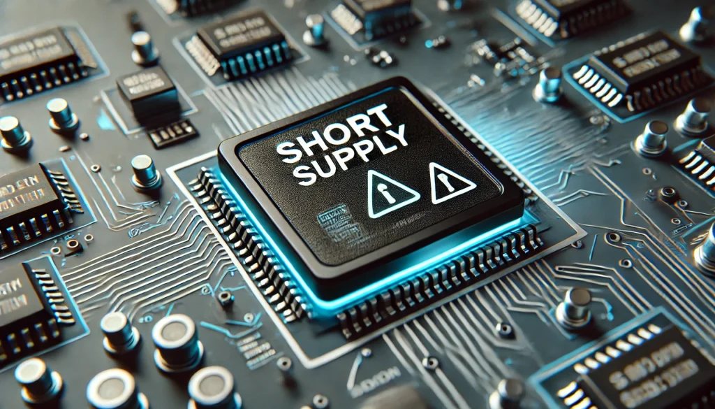 Silicon chip labeled "short supply" symbolizes global chip shortage impact.