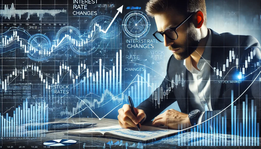 Analyst compares interest rate changes with stock trends, visualizing rate impact on growth.