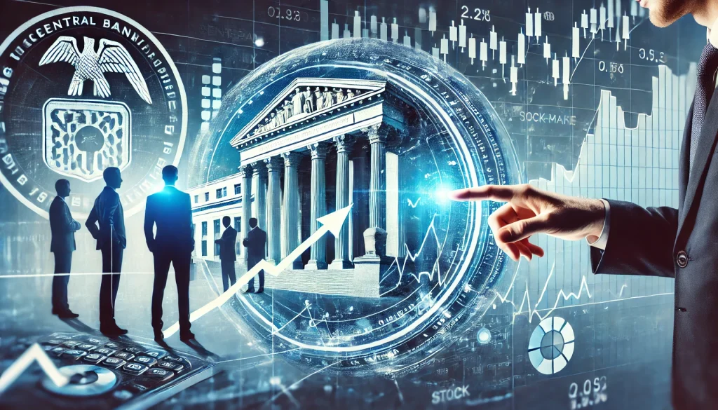Central bank rate adjustment overlayed with stock index movement, showing policy-market correlation.