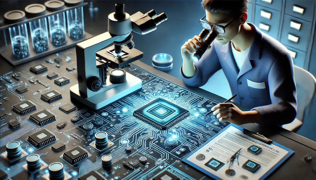 Worker examines circuit board under microscope amid global shortage.