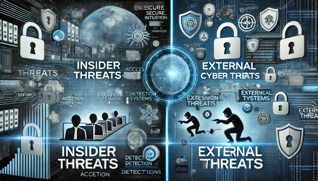 Insider threats and external cyber threats, highlighting access differences and detection challenges.