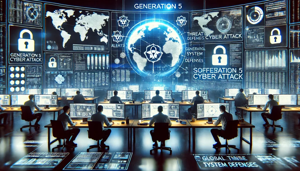  Cybersecurity experts analyze a sophisticated Gen 5 attack unfolding across multiple computer screens.