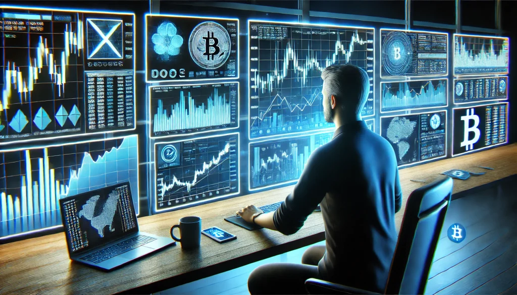  A trader monitors fluctuating crypto prices on multiple screens, reflecting market sentiment's impact