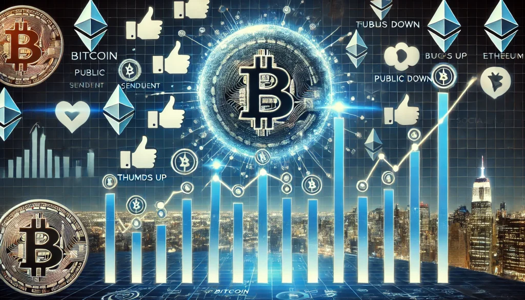 A conceptual graph showing crypto price trends influenced by public sentiment in a digital world.