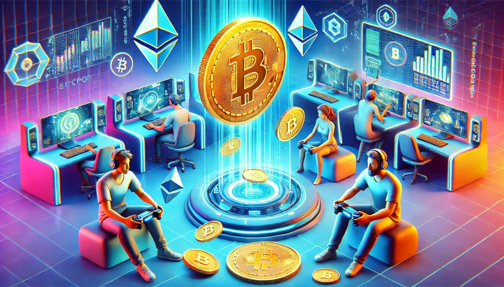 Players earning digital currency in a lively, futuristic crypto game world