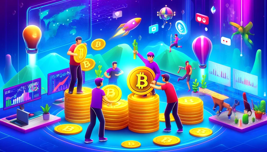 Virtual characters collecting coins in a crypto game world