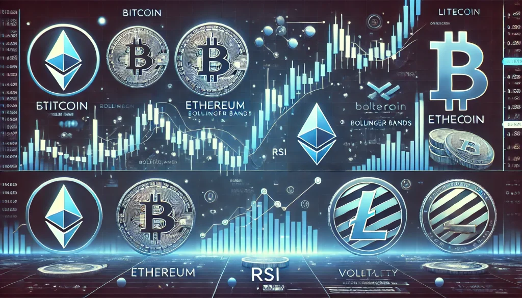 Crypto market analysis featuring Bitcoin, Ethereum, Litecoin charts with Bollinger Bands, RSI, and volatility markers.