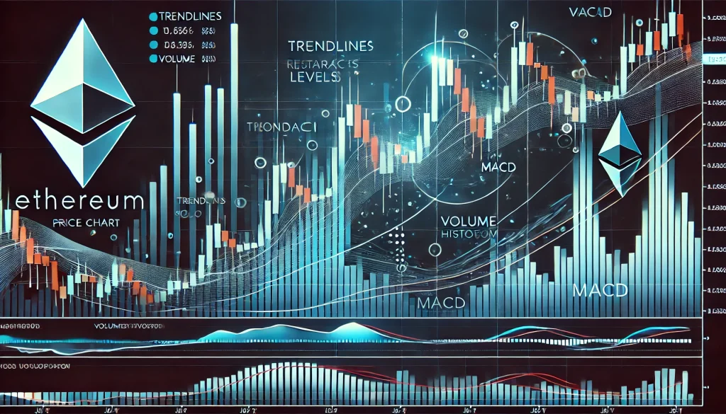 Ethereum price chart displaying trendlines, Fibonacci levels, MACD, volume histogram, and recent breakout points.