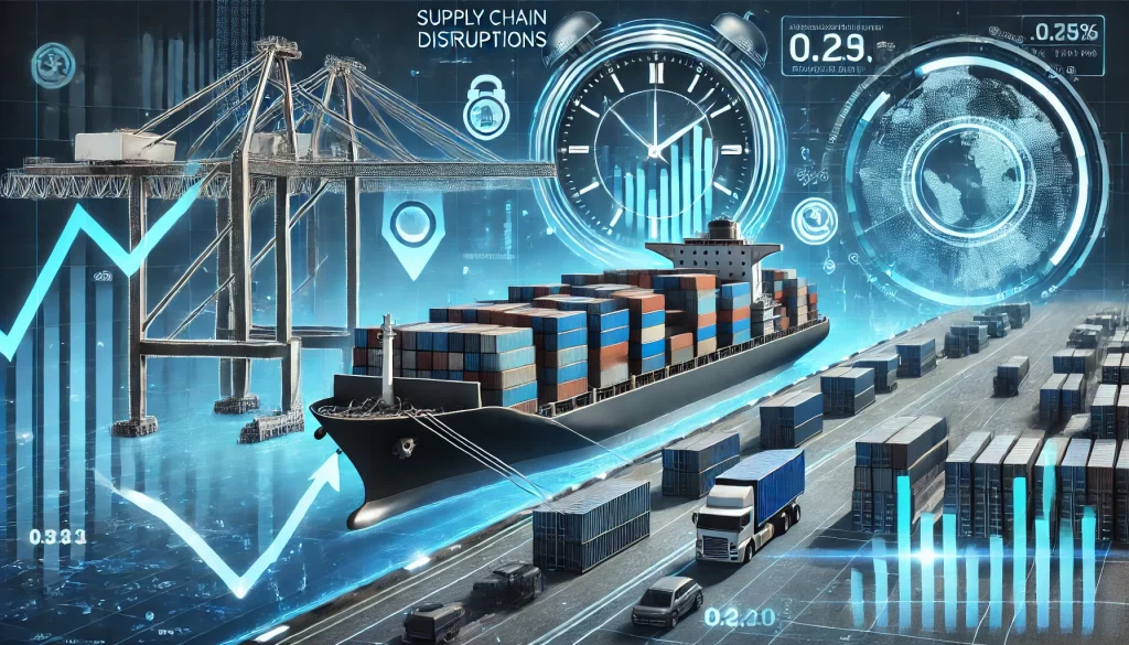 A cargo ship delayed at port, symbolizing the impact of Supply Chain Disruptions on stock performance.