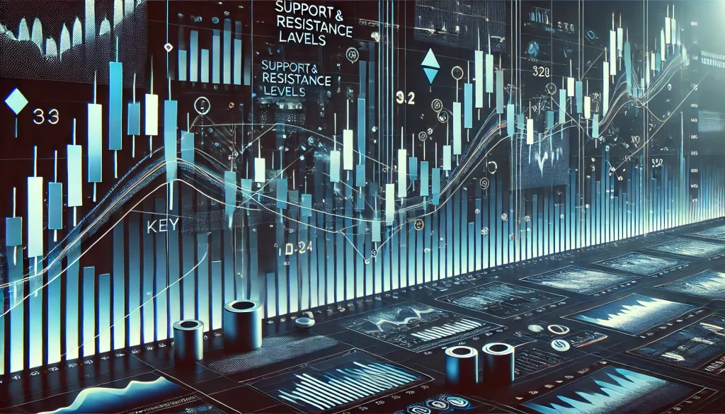 A candlestick chart displaying key support and resistance levels used in technical analysis of stocks.