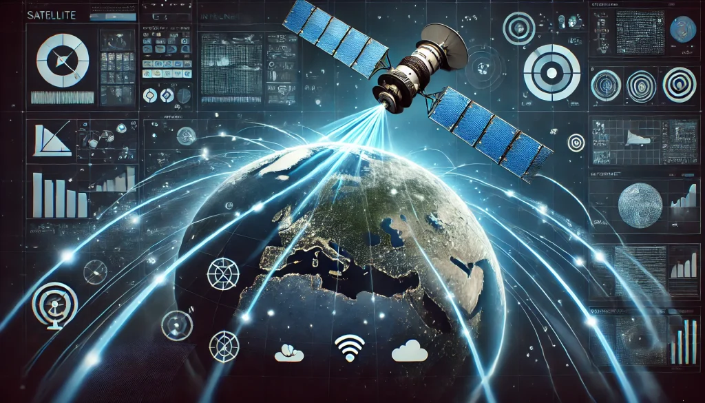 A satellite orbiting Earth, beaming internet signals to rural and remote areas, illustrating global connectivity through satellite technology.