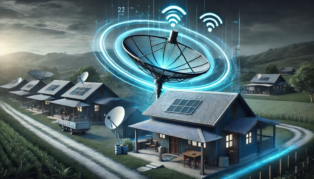 An outdoor satellite dish on a rural home, receiving high-speed internet signals, highlighting the reach of satellite internet in remote regions.