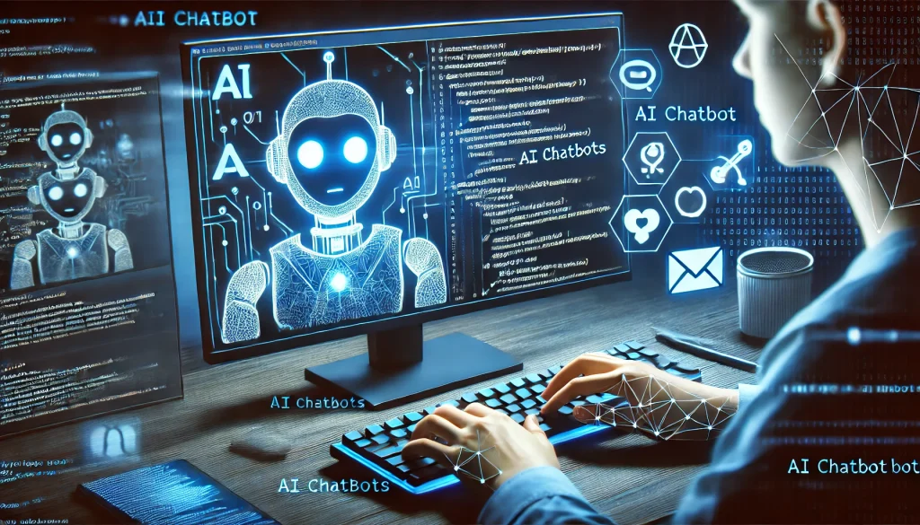 A programmer working on AI chatbot code with lines of code and chatbot icons on screen.