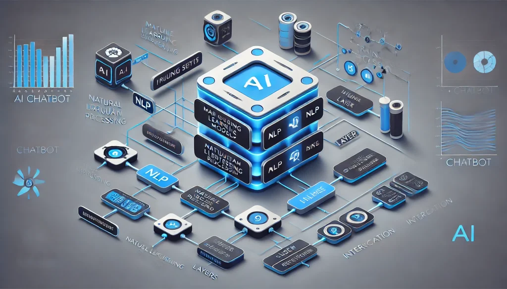 Diagram illustrating the architecture of an AI chatbot, including machine learning models and user interaction pathways.