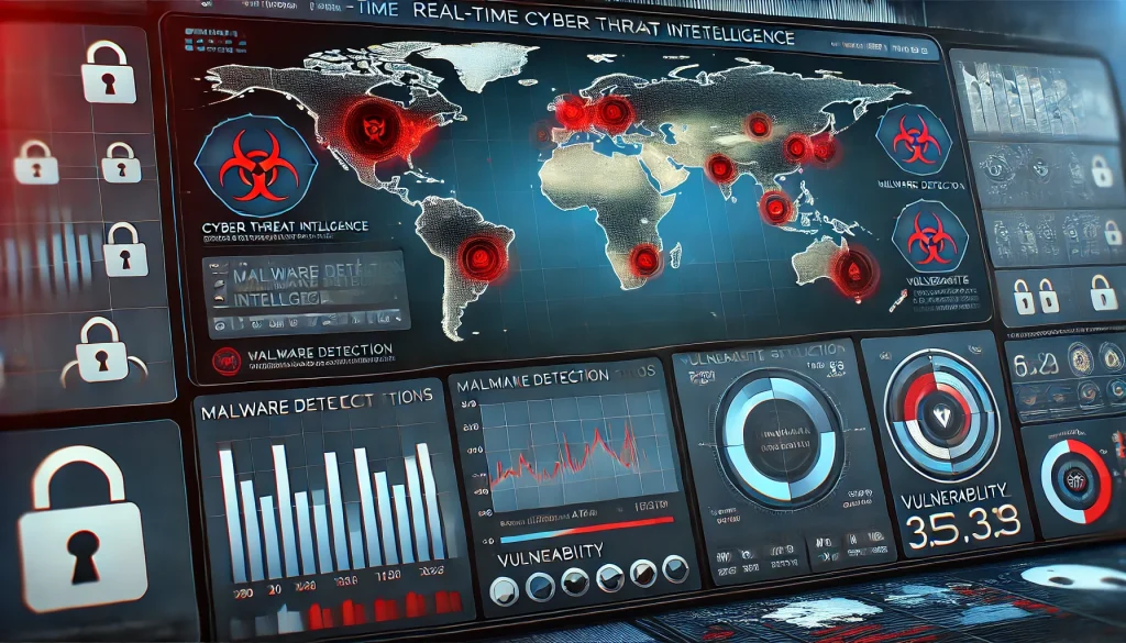 A dashboard showcasing real-time cyber threat intelligence data, highlighting global hazard maps, malware detection, and vulnerability analysis.