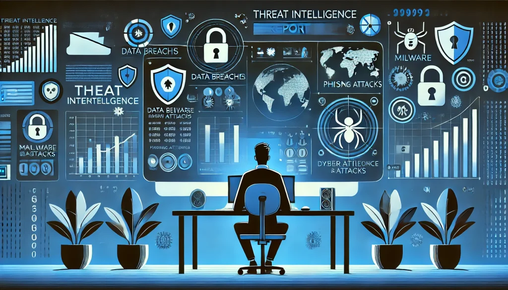 Illustration of a cybersecurity analyst reviewing threat intelligence reports, with icons representing data breaches, malware, and phishing attacks.