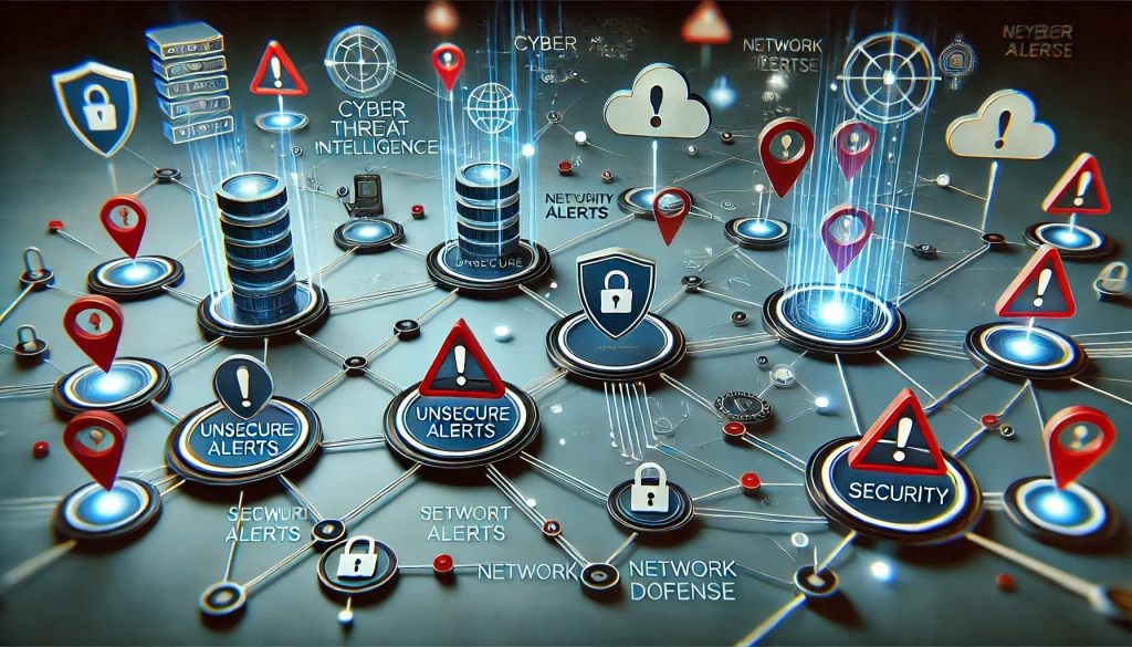 Visualization of cyber threat intelligence flow, with connections between unsecure sources, security alerts, and protective actions for network defense.