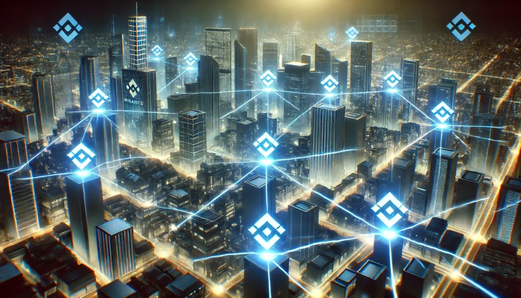 Futuristic digital cityscape with blockchain nodes symbolizing Binance Smart Chain 2025