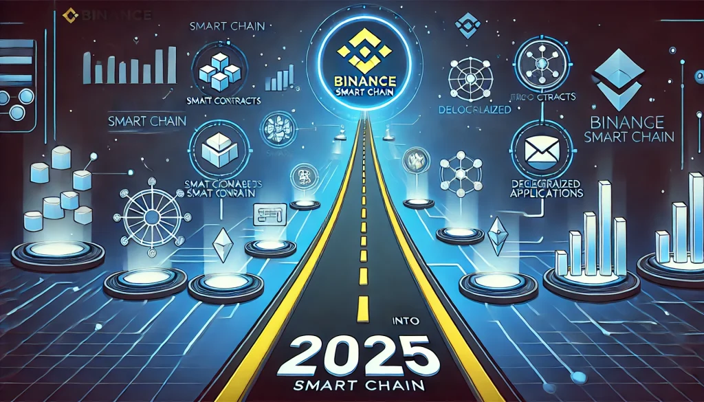 Roadmap to 2025 with Binance Smart Chain logo, blockchain, and tech innovations