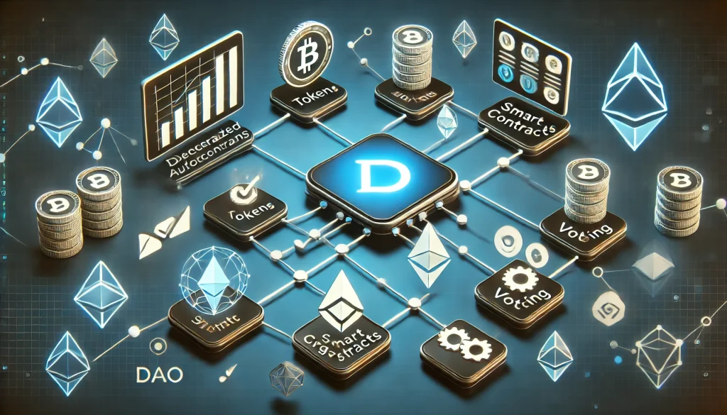 Digital tokens and blockchain symbols representing decentralized decision-making in a DAO framework for community projects.