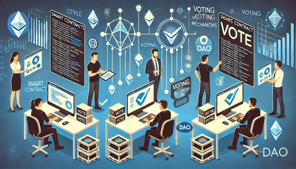 Developers coding smart contracts and voting mechanisms for the launch of a decentralized autonomous organization (DAO).