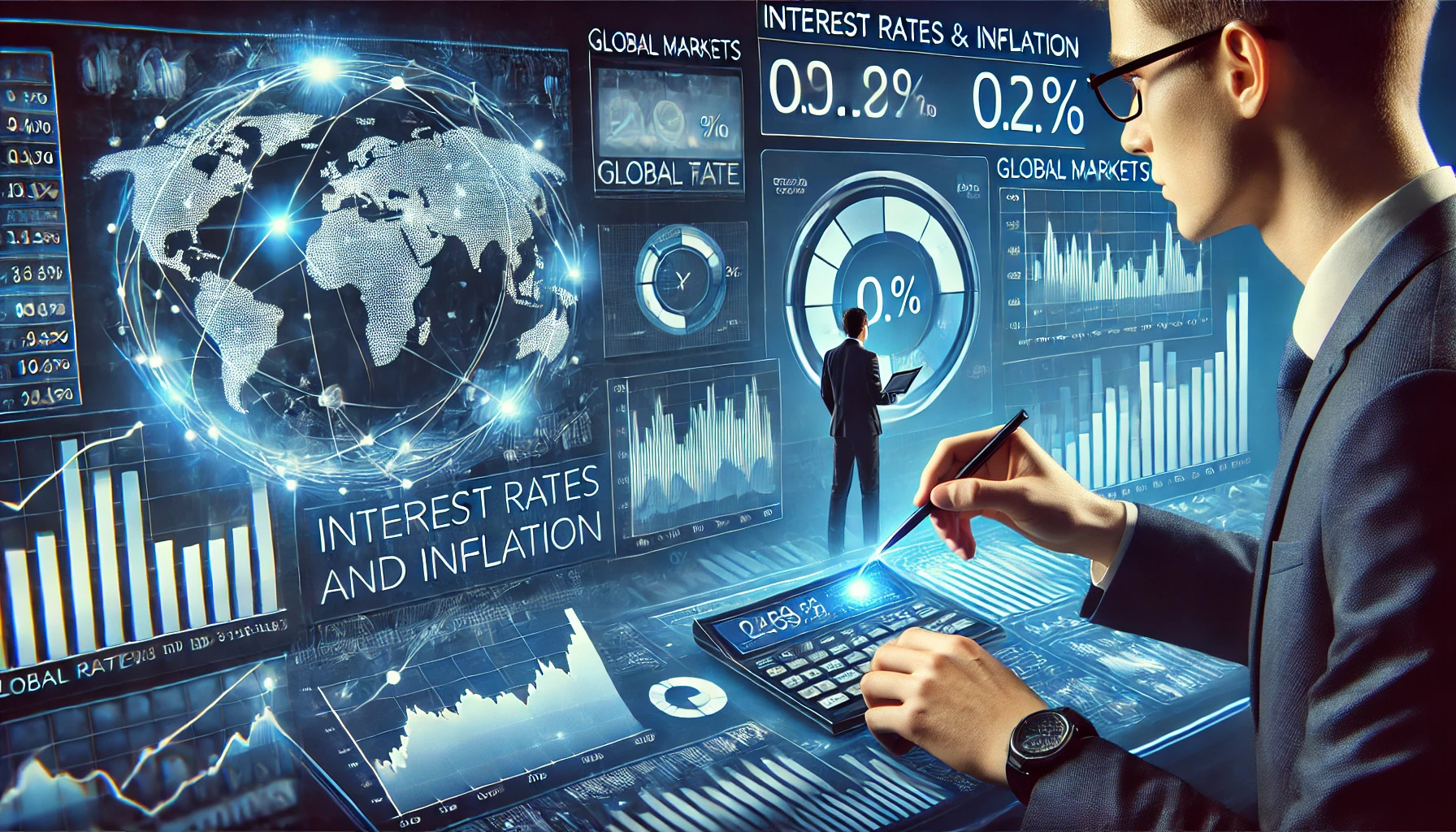 Economists analyzing interest rates and inflation data with a digital financial dashboard displaying global markets.