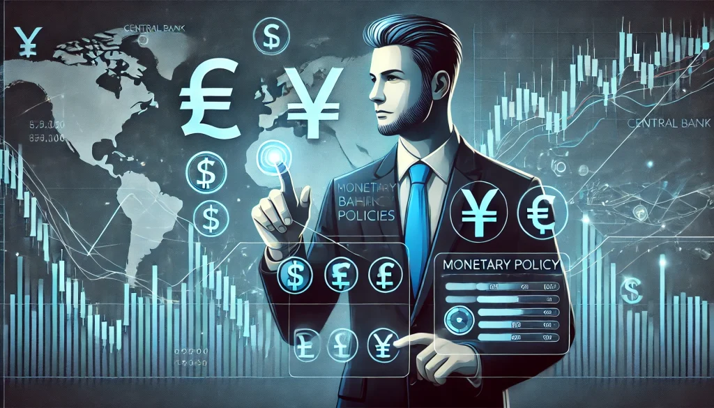 A central bank official adjusting monetary policies, with fluctuating currency exchange rates in the background.