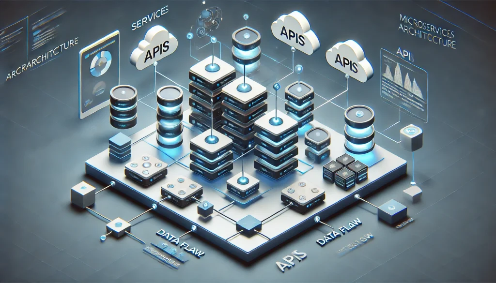 A microservice architecture diagram with independent services, APIs, and data flow between cloud-based applications.