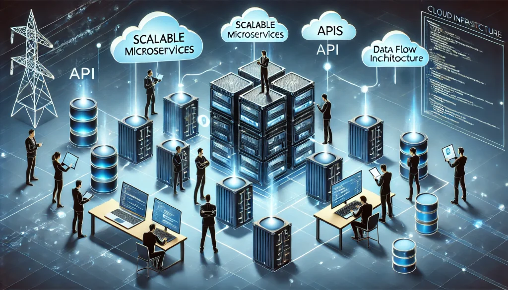 Developers designing scalable microservices with interconnected containers and APIs, highlighting cloud infrastructure.