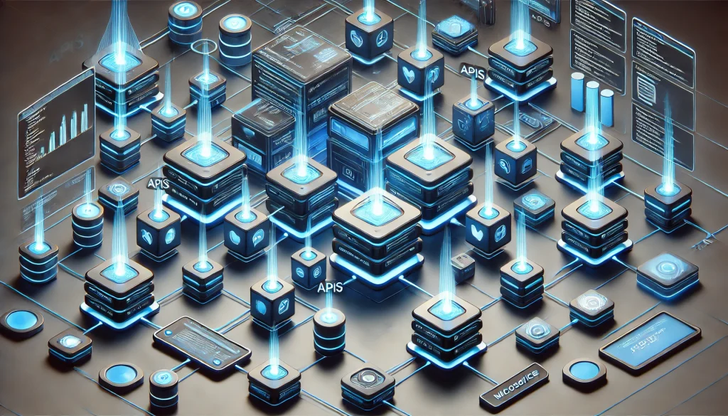  A visual of microservices interacting through APIs, each handling specific tasks within a larger application architecture.