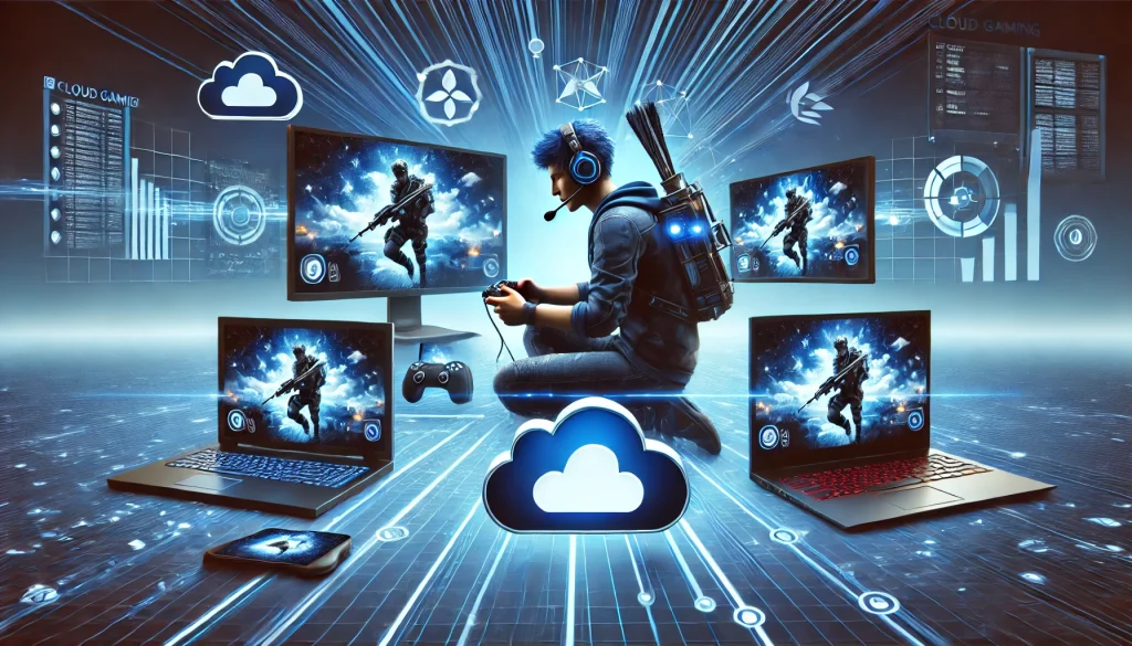 A gamer playing a game on multiple devices via cloud gaming service, showcasing flexibility.