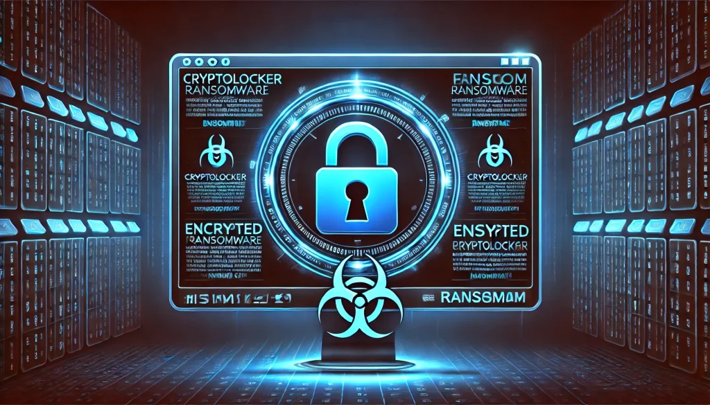 A dark, ominous computer screen with a padlock icon and ransom text, representing CryptoLocker.