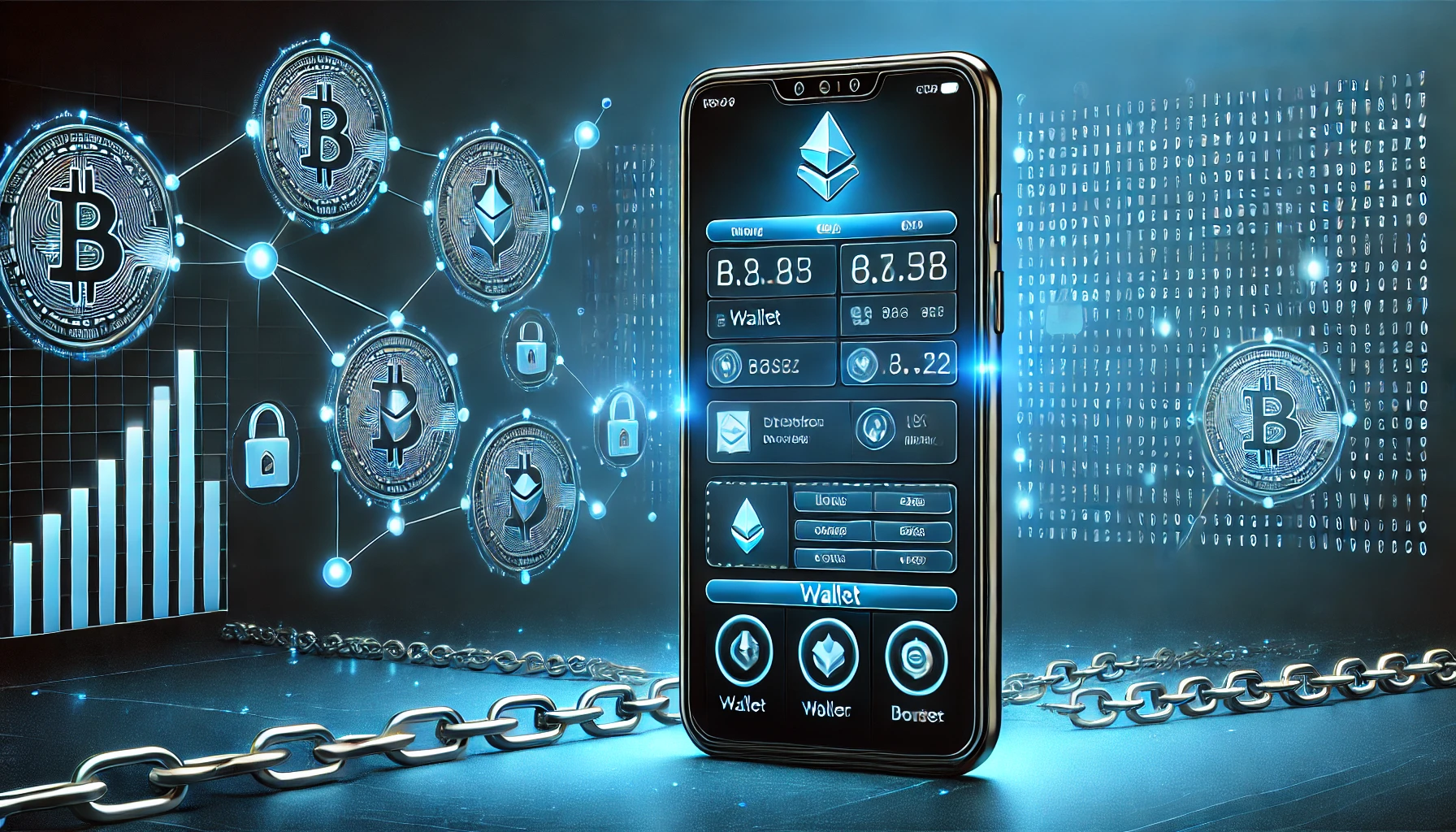 A mobile device showing the Phantom Wallet interface, with blockchain symbols in the background.